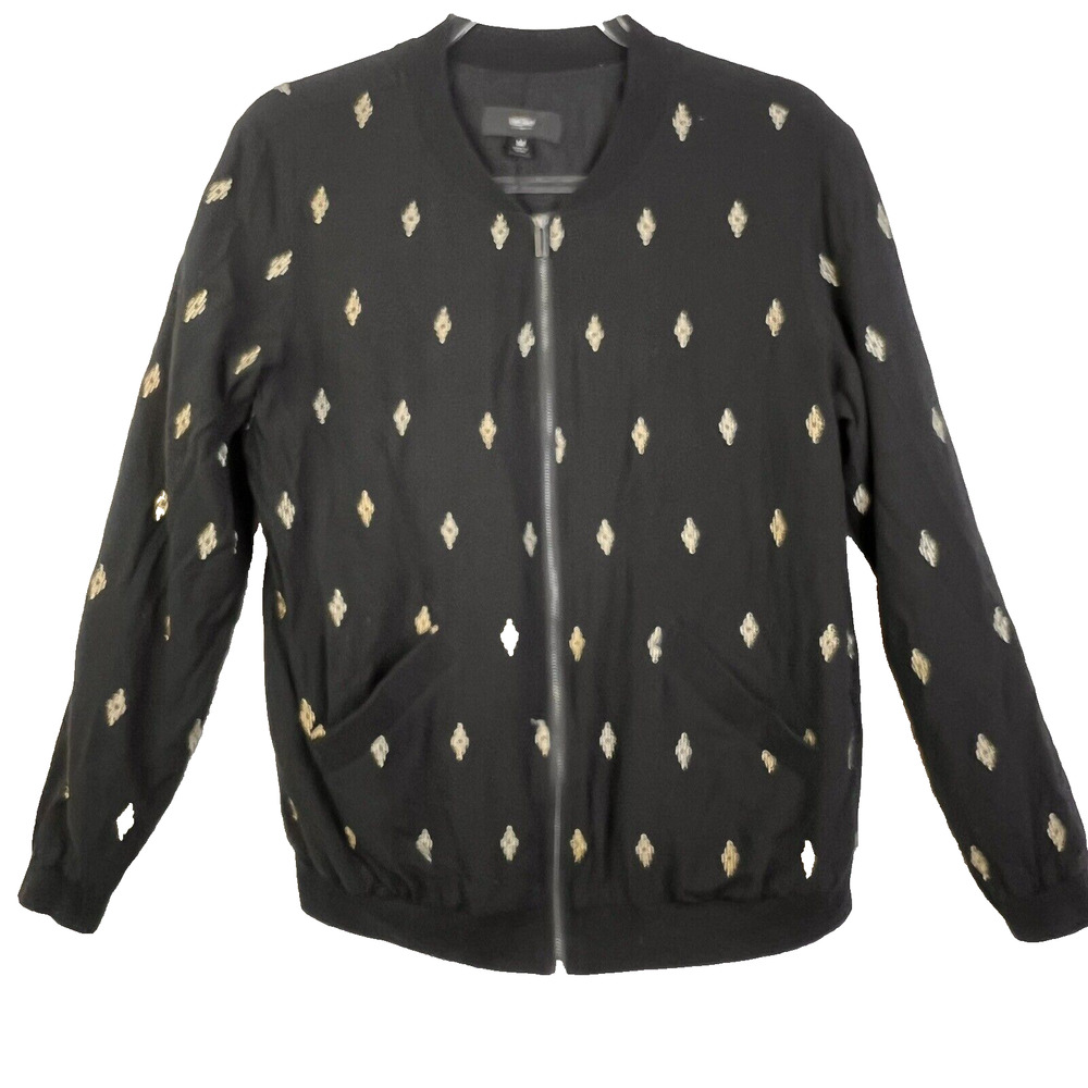 Mossimo Bomber Jacket Women's Medium Black Metallic Gold Pockets Zip Lightweight